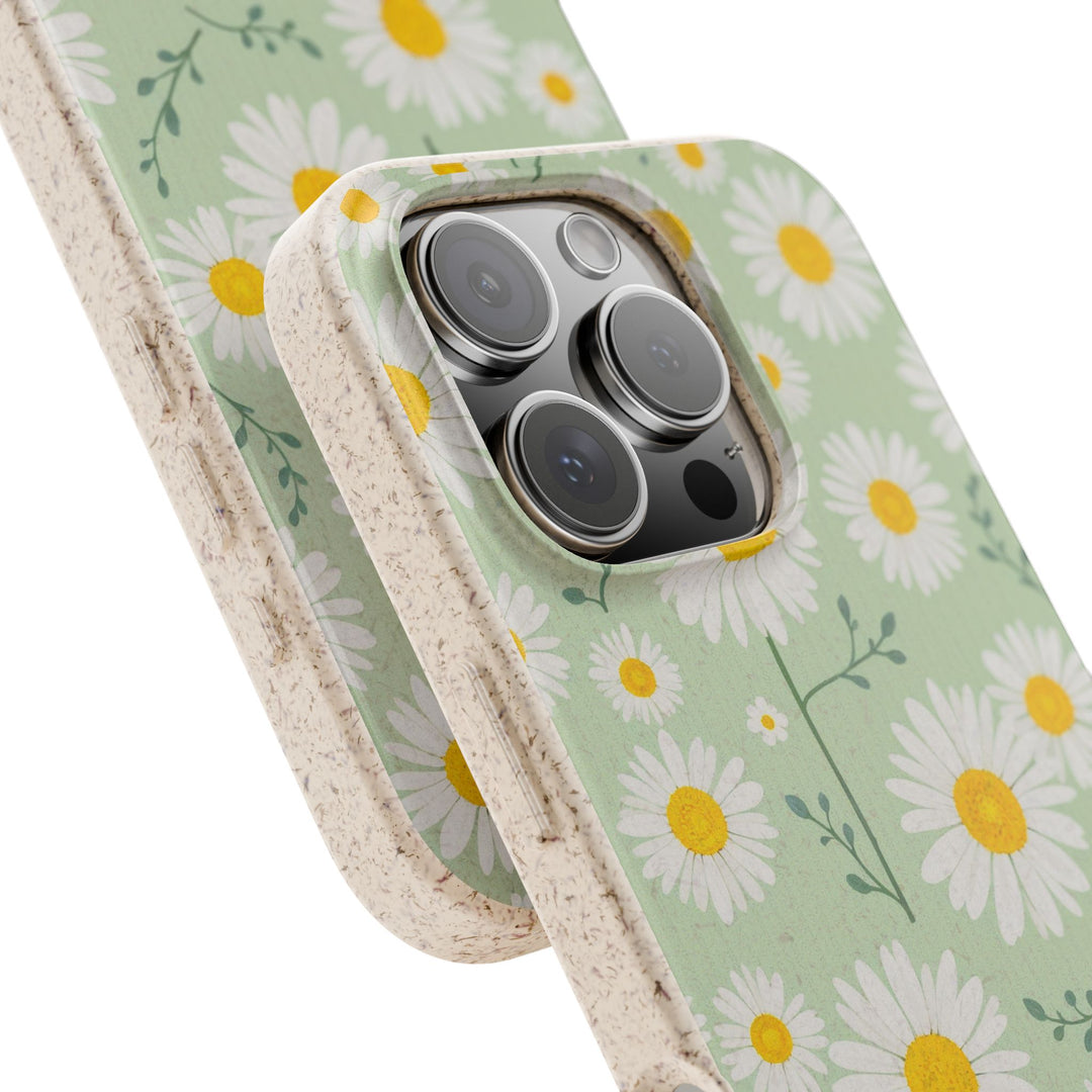 Eco-friendly daisy phone case with floral design, vibrant colors, and frosted finish. Compatible with many iPhone and Samsung models.