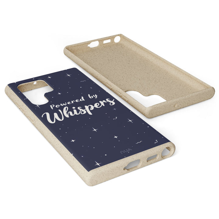 Eco-friendly Samsung case "Powered by Whispers" showcasing a biodegradable design for various iPhone and Samsung models.
