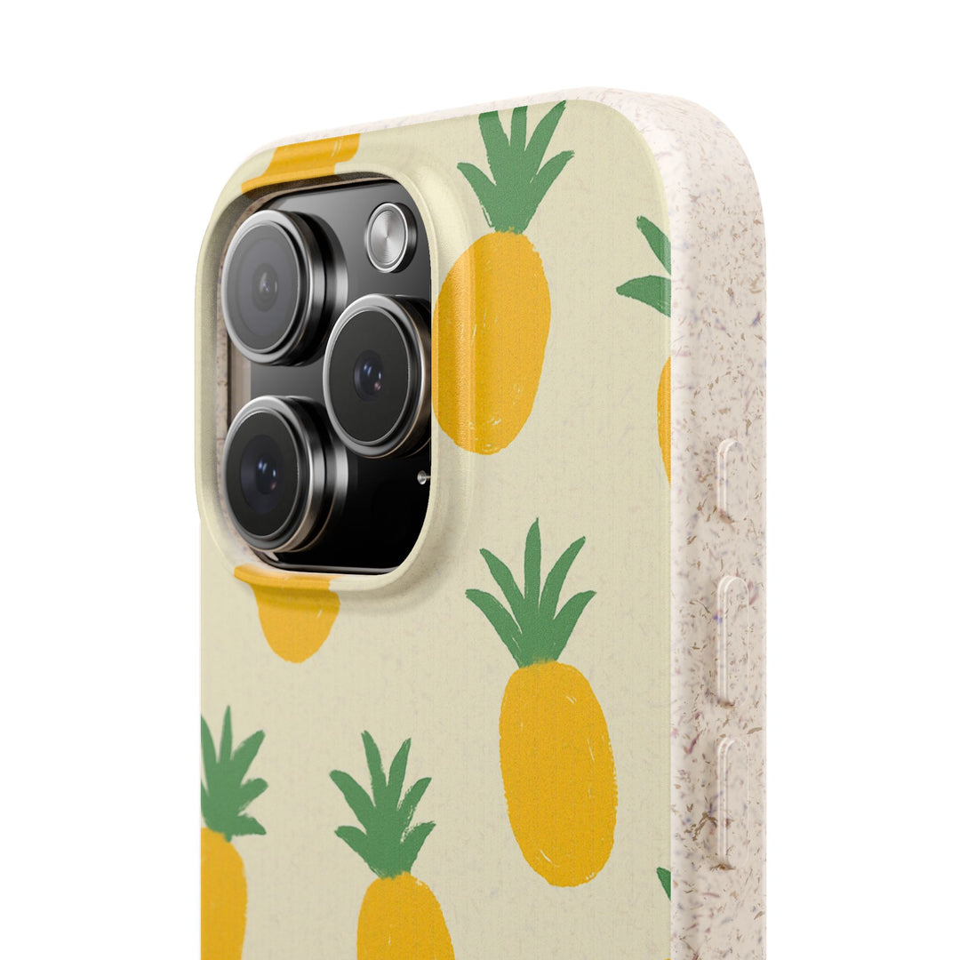 Eco-friendly iPhone case with playful pineapple design, biodegradable and durable, fits many iPhone and Samsung models.