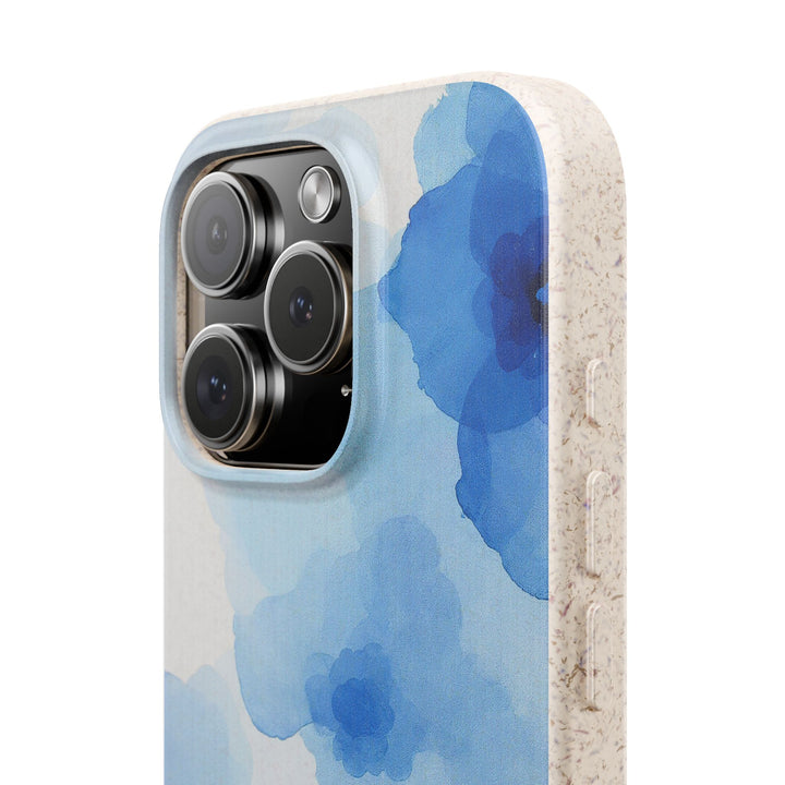 Eco-friendly iPhone case with blue watercolor design, durable and stylish for many iPhone and Samsung models.