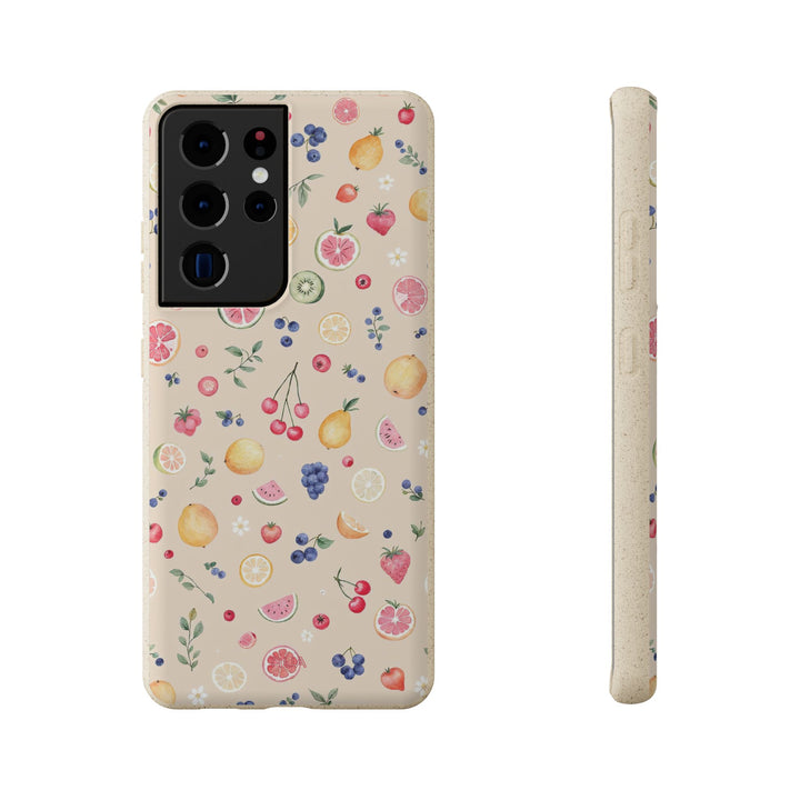 Eco-friendly Samsung case with vibrant fruit garden pattern, made of biodegradable PLA and bamboo. Perfect for nature lovers.