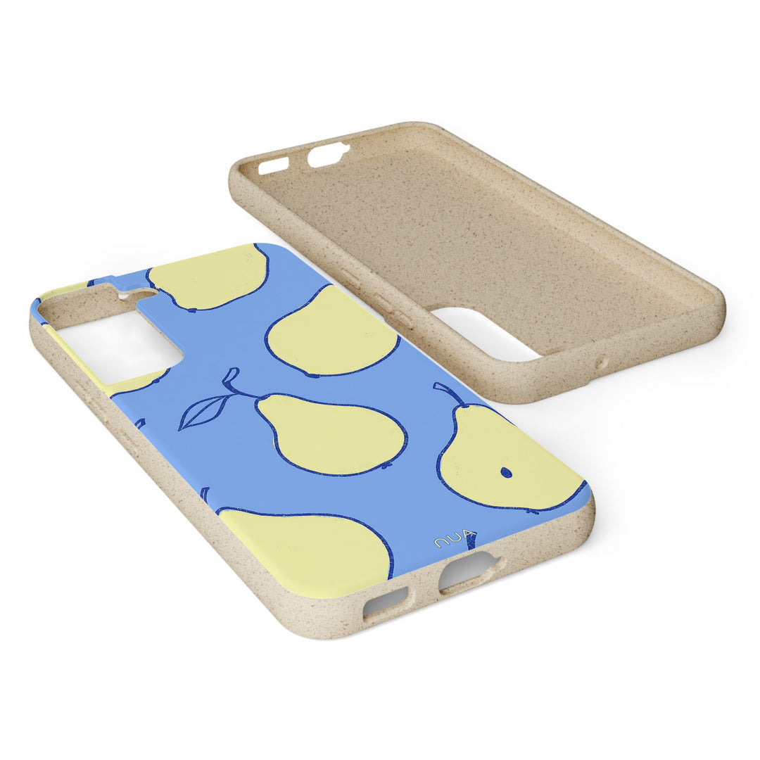 Eco-friendly Pastel Pear Parade Samsung case with yellow pears on blue. Durable, biodegradable, fits many Samsung models.