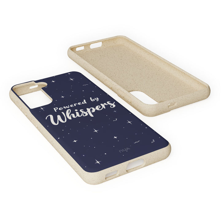 Eco-friendly Samsung case with "Powered by Whispers" design, suitable for many iPhone and Samsung models, biodegradable and stylish.