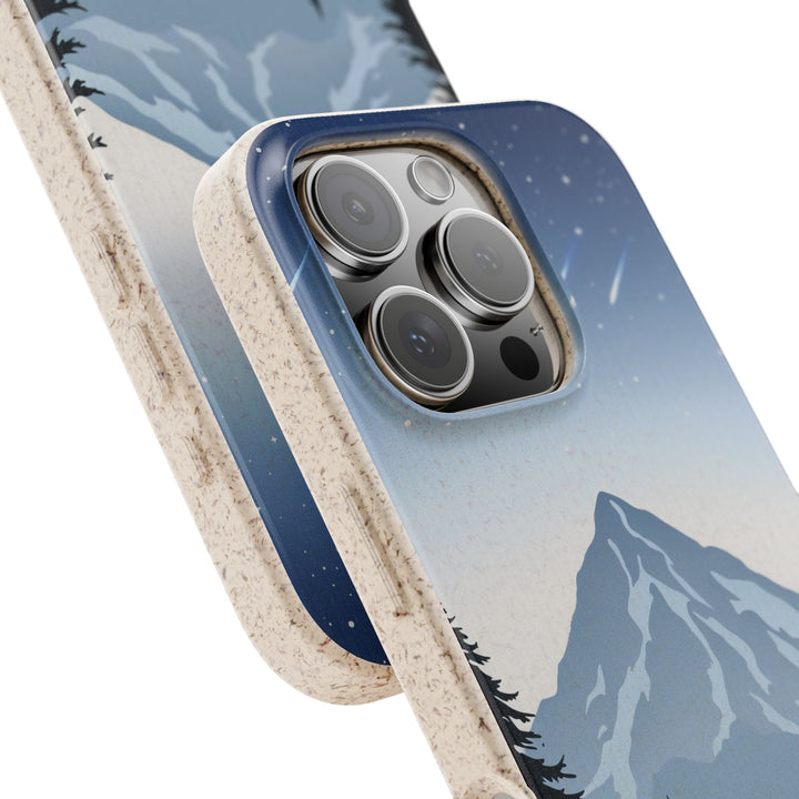 Eco-friendly Mountain Design iPhone case, durable and biodegradable, fitting many iPhone and Samsung models, perfect for nature lovers.