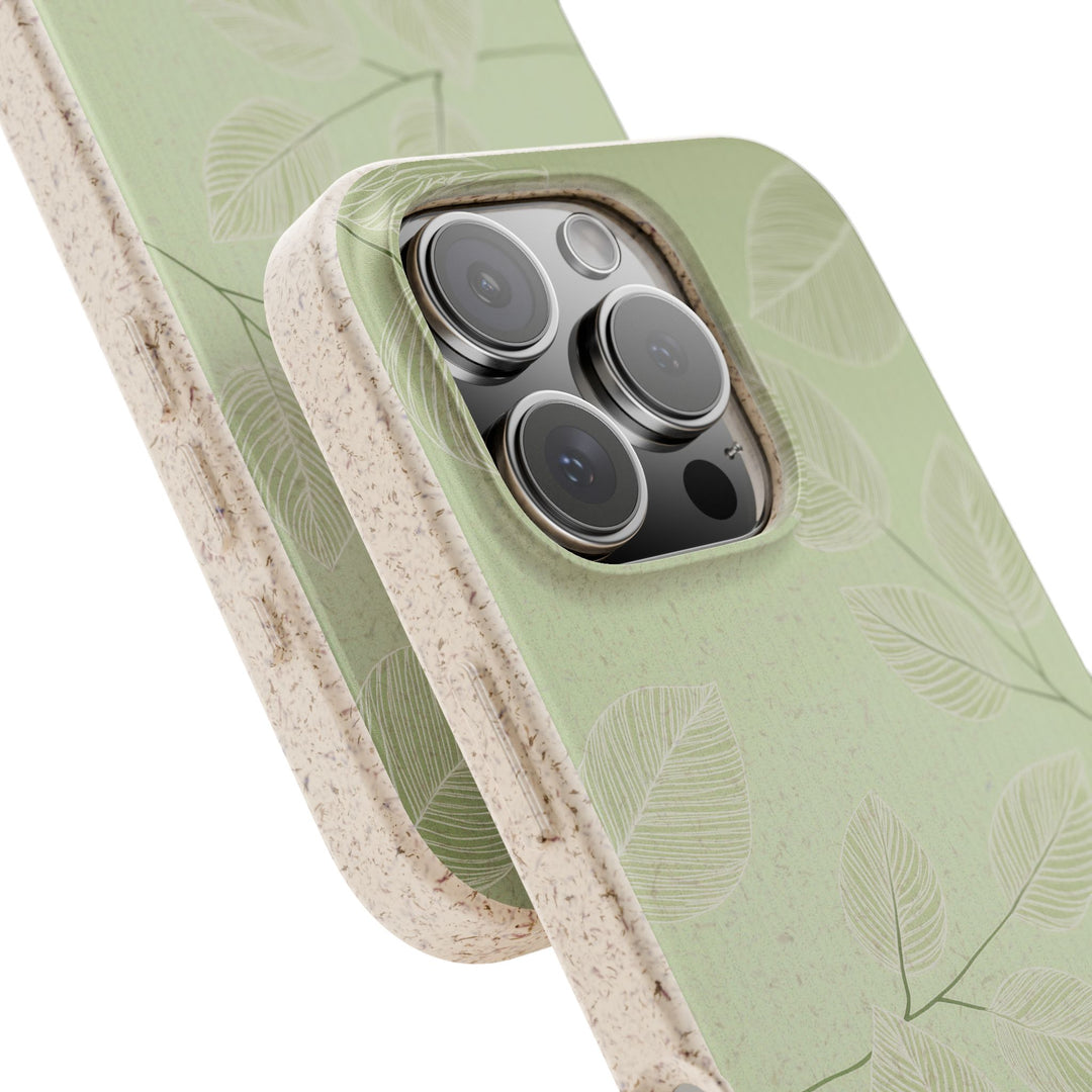 Eco-friendly green iPhone case with leaf design, made from durable biodegradable materials, fits many iPhone and Samsung models.