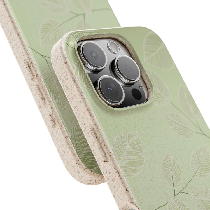 Eco-friendly green iPhone case with leaf design, made from durable biodegradable materials, fits many iPhone and Samsung models.
