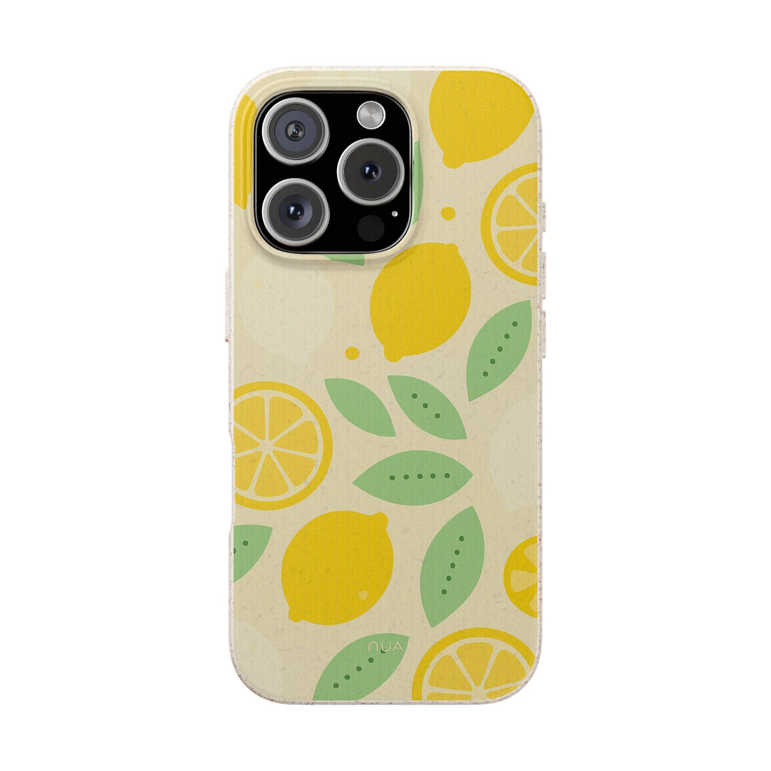Eco-friendly Citrus Pop iPhone case with vibrant lemon design, compatible with many iPhone and Samsung models, Magsafe® friendly.
