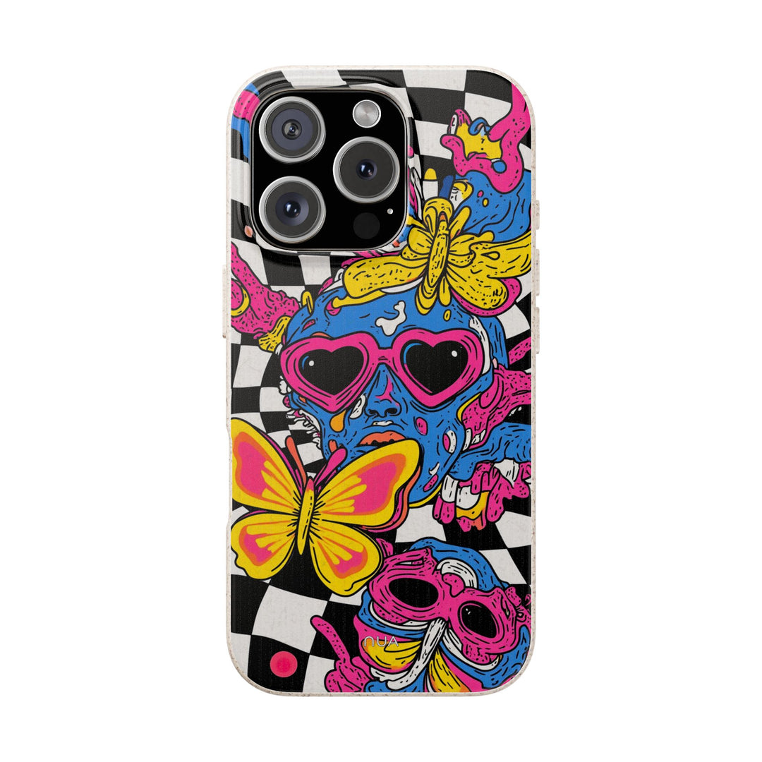 Psychedelic Love Bomb iPhone case with vibrant butterflies and skull design, eco-friendly and durable for many iPhone and Samsung models.