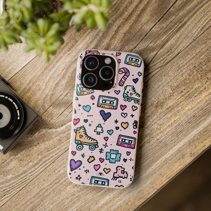 Eco-friendly Nostalgia Drip iPhone case with vibrant retro design, featuring hearts and roller skates; fits various iPhone models