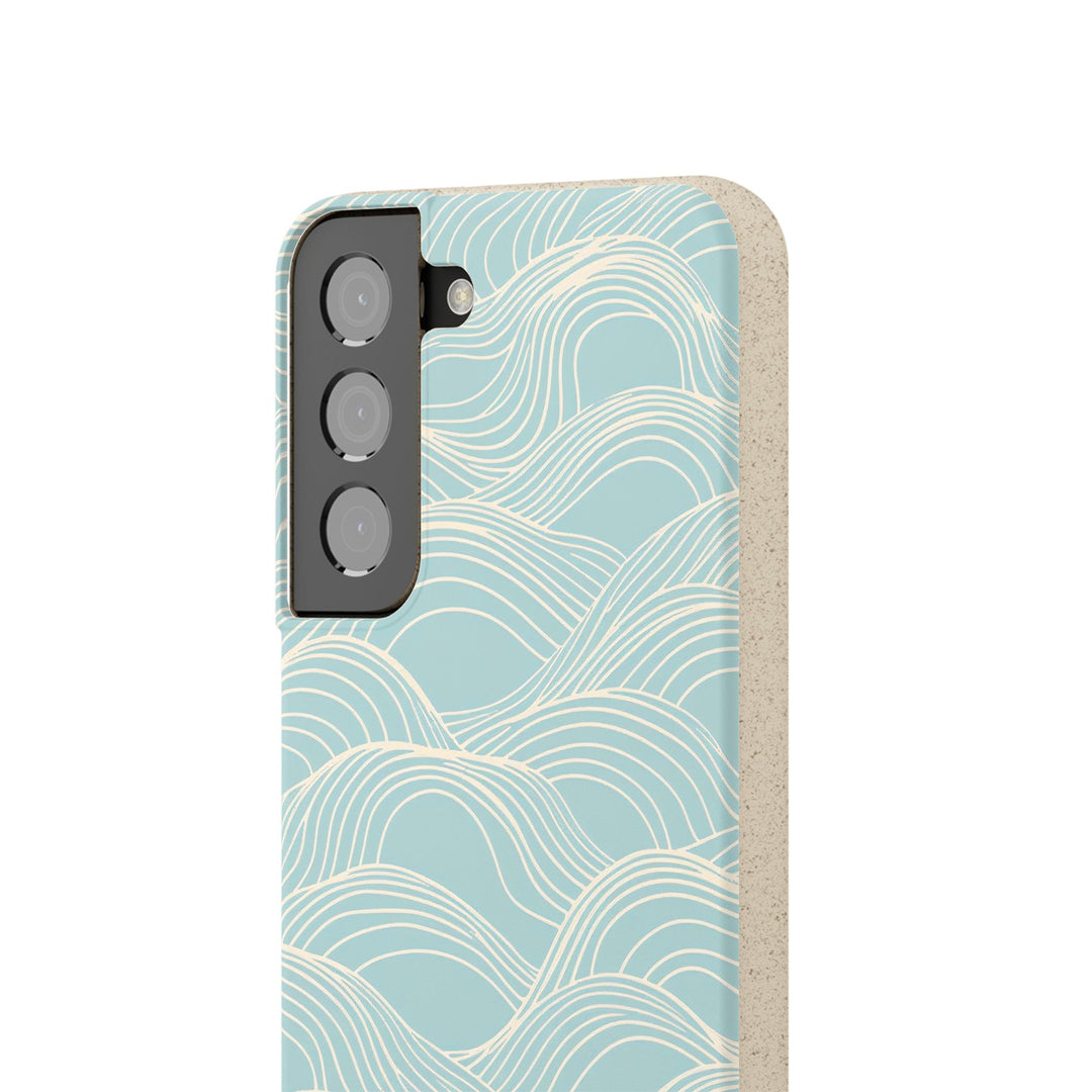 Eco-friendly blue wave Samsung phone case with wave pattern, fits many iPhone and Samsung models; stylish and durable choice.