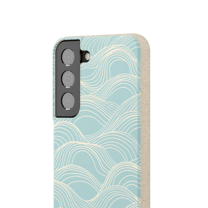 Eco-friendly blue wave Samsung phone case with wave pattern, fits many iPhone and Samsung models; stylish and durable choice.