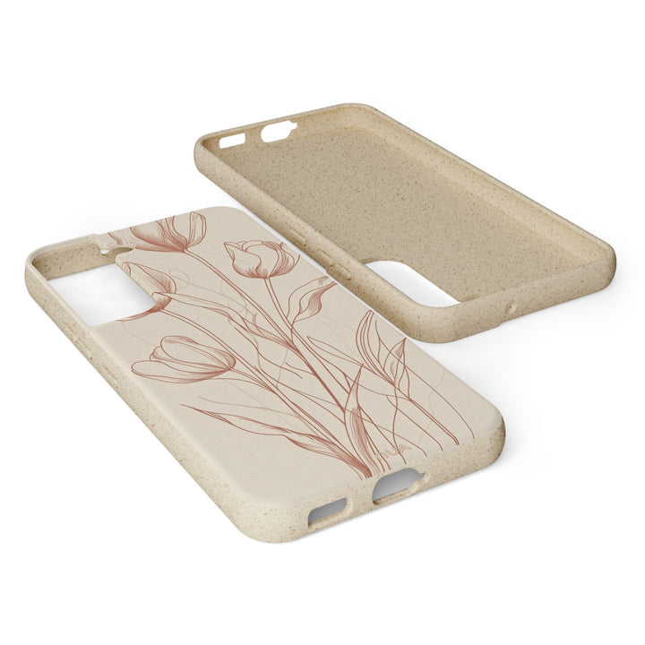 Eco-friendly floral Samsung phone case with red line art, biodegradable and durable design, compatible with many models.