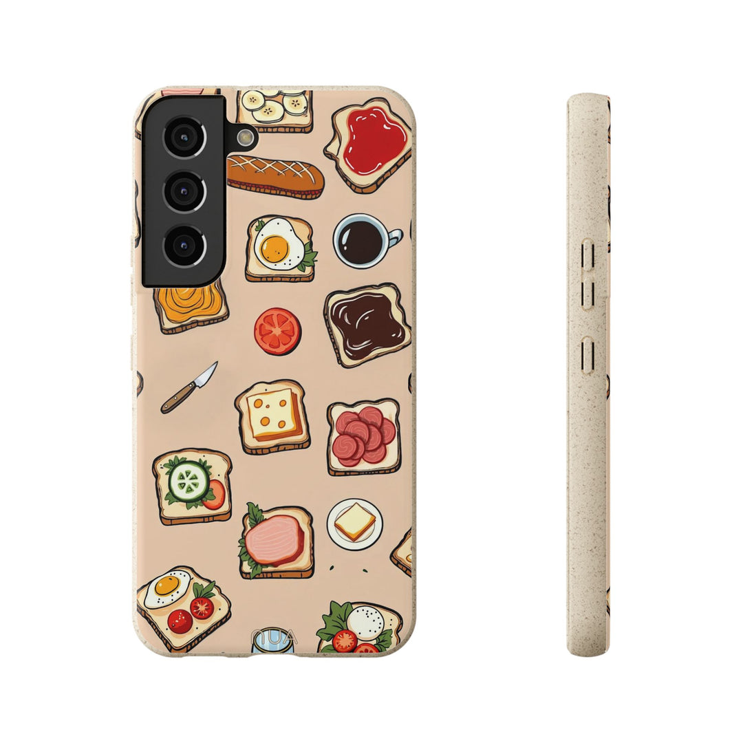 Eco-friendly Samsung phone case with toast design, perfect for foodies. Durable, vibrant, and compatible with many models.