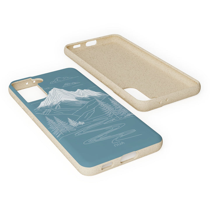 Eco-friendly Samsung case with white mountain art on blue, made from durable PLA material. Fits many models. Ideal for nature lovers.