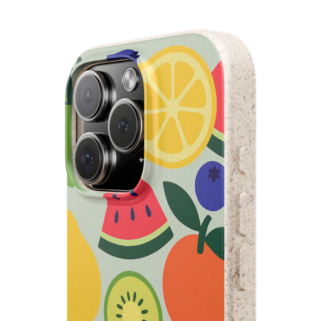 Eco-friendly iPhone case with vibrant fruit design, showcasing stylish durability and wireless charging compatibility.