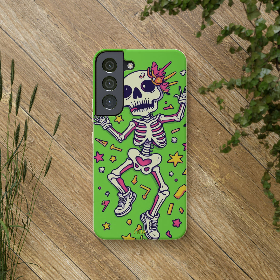 Eco-friendly skeleton design Samsung case on wood, vibrant colors, durable, fits various models, highlights unique, sustainable style