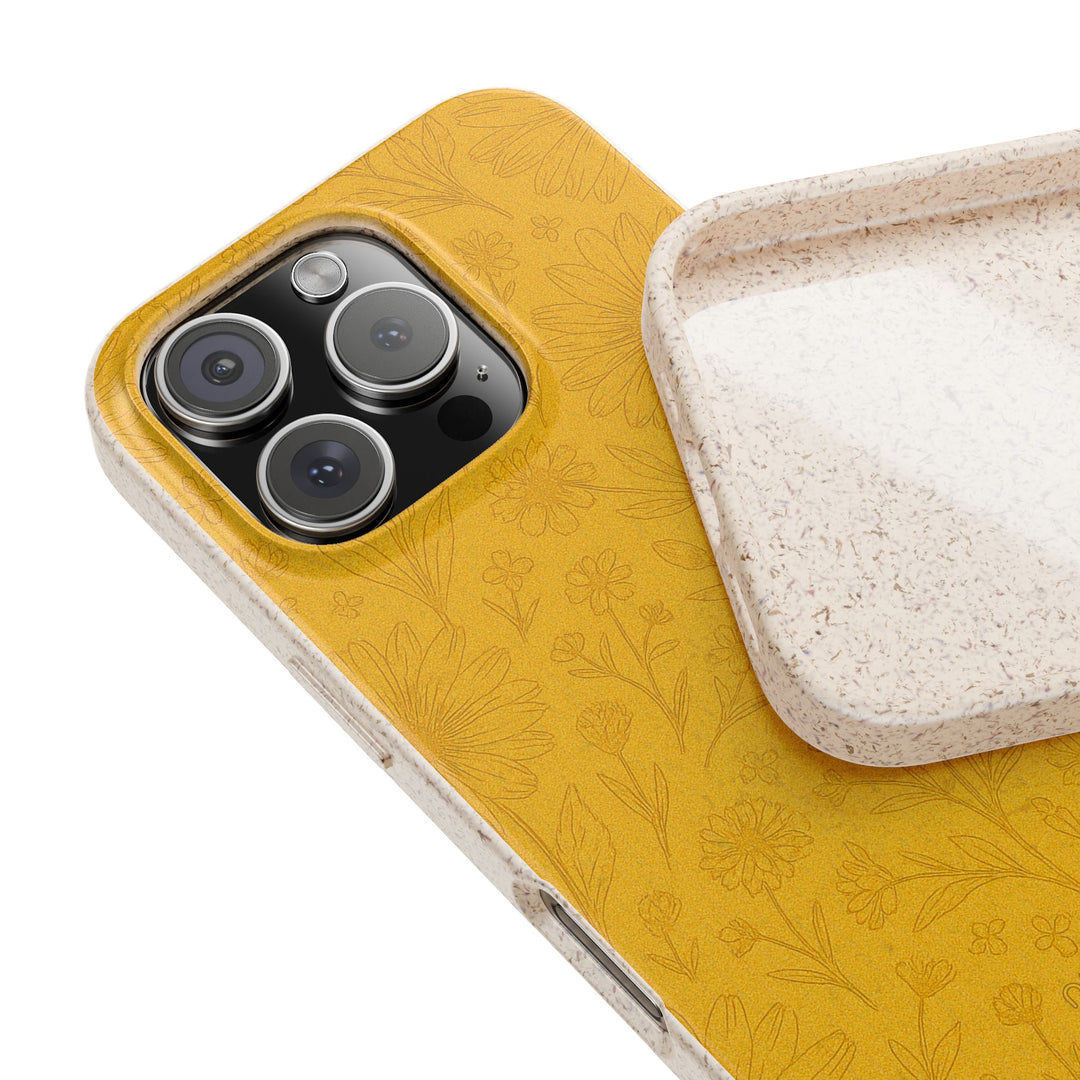 Sunshine floral eco phone cover with frosted finish, showcasing durable eco-friendly design for various iPhone and Samsung models.