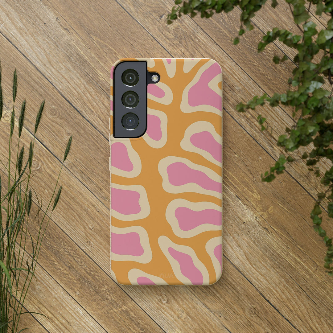 Bright abstract retro design Samsung case, biodegradable and eco-friendly, suitable for many iPhone and Samsung models, on wooden surface.