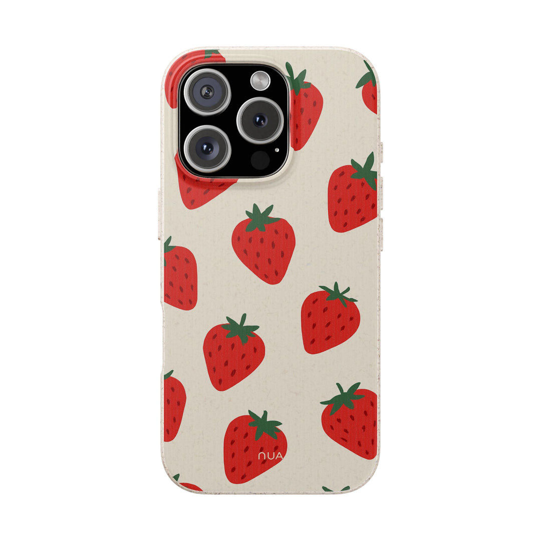 Berry Cute Strawberry iPhone Case with eco-friendly design, vibrant strawberries on beige background. Fits many iPhone & Samsung models.