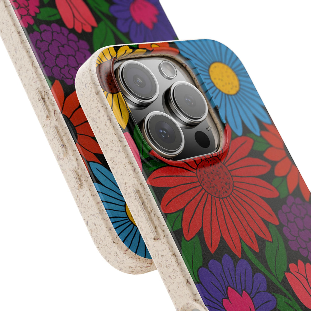 Eco-friendly iPhone case with vibrant floral design, made from PLA plant polymer and bamboo binder, durable and stylish.