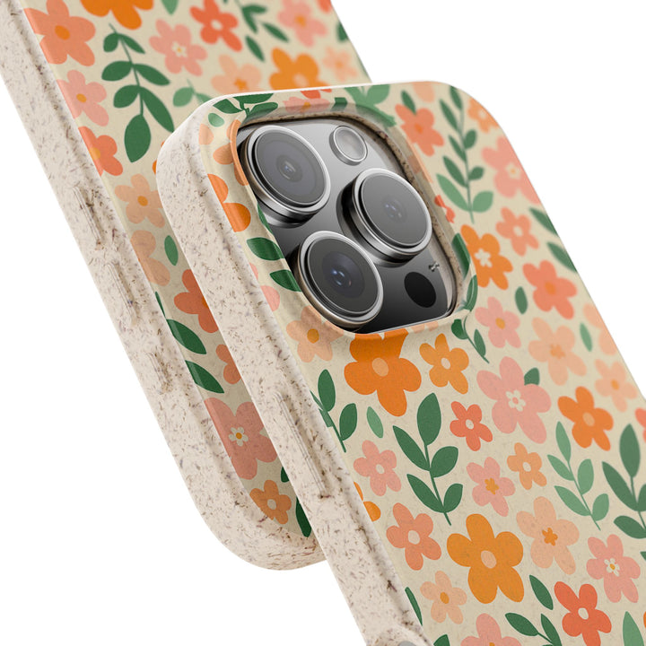 Eco-friendly floral biodegradable iPhone case with vibrant colors, fits many models, durable and ideal for environmentally conscious users.