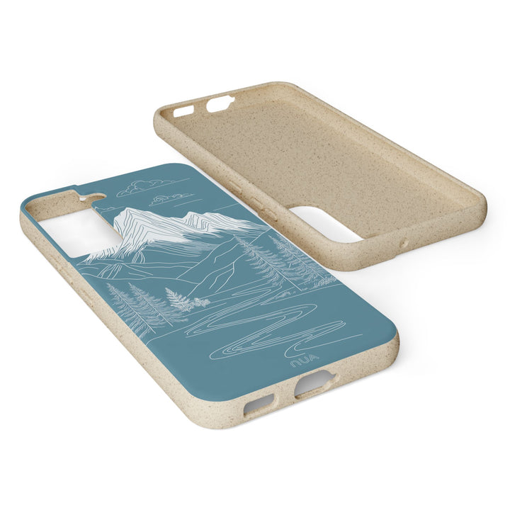 Eco-friendly Samsung case with minimalist mountain line art, durable and compatible with many models, perfect for nature lovers.