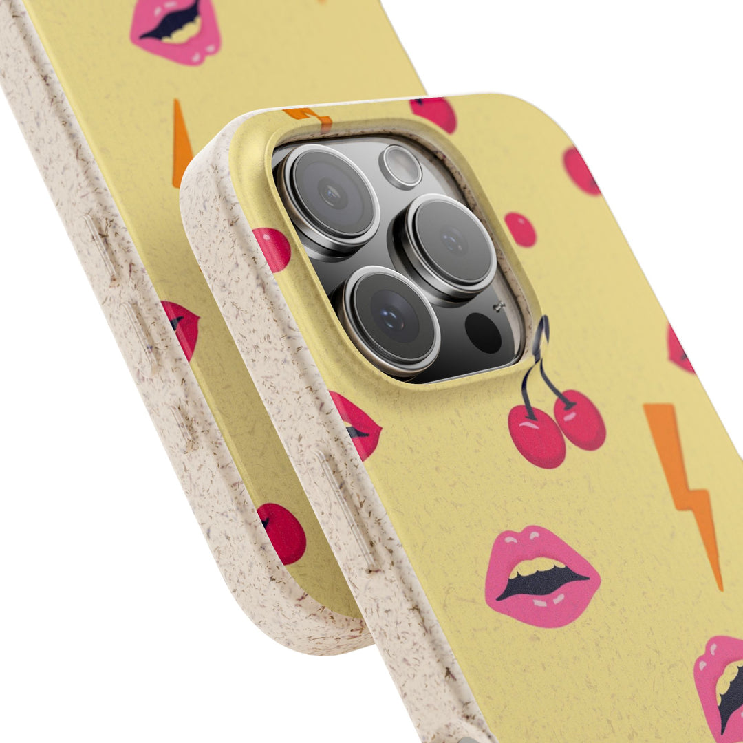 Eco-friendly Lip Service iPhone case with bold lips and cherries design, durable and biodegradable, fits many iPhone and Samsung models.