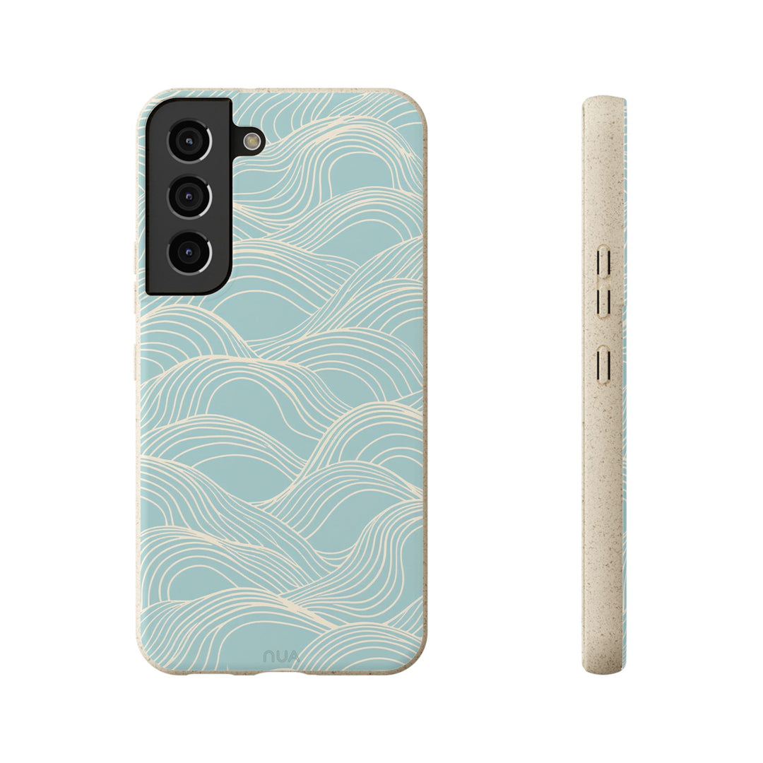 Eco-friendly blue wave Samsung phone case with durable, stylish design, fitting many iPhone and Samsung models.