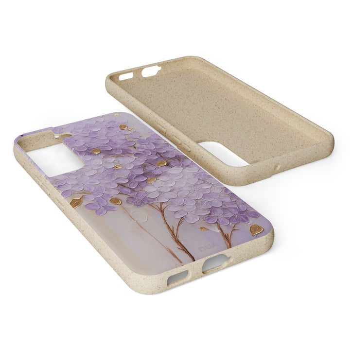 Lavender & Gold Blossom Tree eco-friendly Samsung phone cover, biodegradable PLA with bamboo, fits many models, stylish and durable.