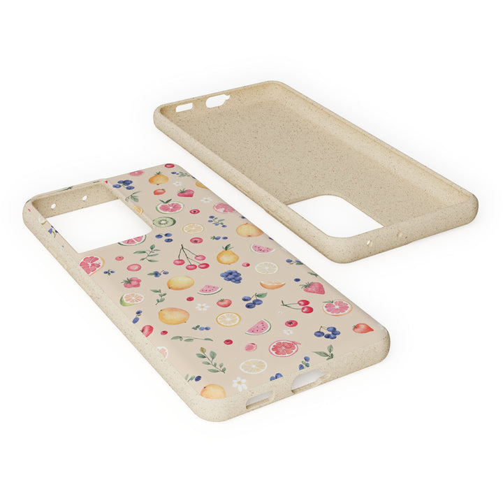 Eco-friendly Samsung phone case with vibrant fruit garden design, biodegradable and perfect for summer. Fits iPhone and Samsung models.