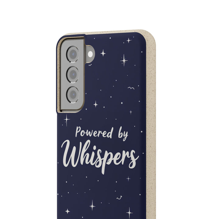 Eco-friendly Samsung case with stars and 'Powered by Whispers' design, suitable for multiple models. Vibrant and biodegradable.