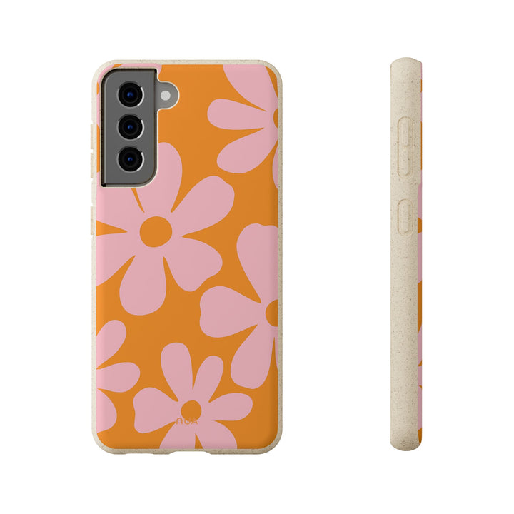 Eco-friendly Samsung phone case with vibrant orange and pink floral pattern; durable for various Samsung models.