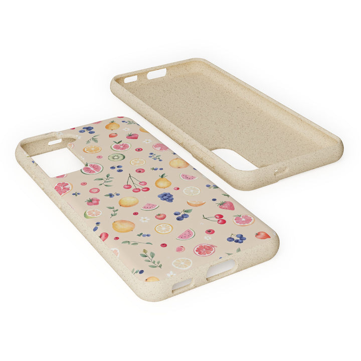 Eco-friendly Samsung phone case with vibrant fruit garden design, made of PLA and bamboo fiber. Durable and stylish for nature lovers.