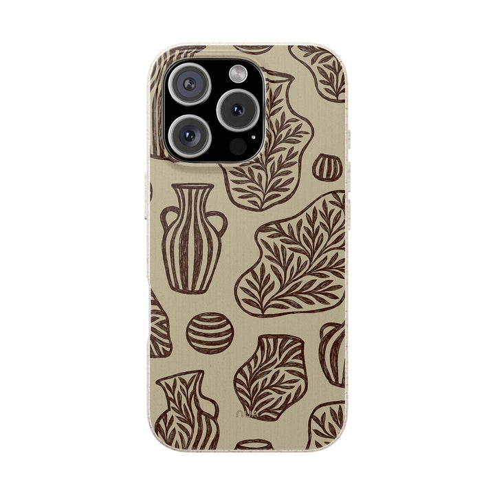 Eco-friendly rustic line art iPhone cover with vase and leaf design, compatible with many models.