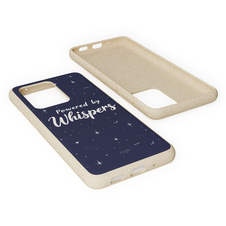 Eco-friendly Samsung case with 'Powered by Whispers' text, biodegradable, durable for many iPhone and Samsung models.