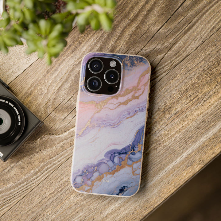 Lavender Marble eco-friendly phone case on a table, fits many iPhone and Samsung models, perfect for a sustainable lifestyle.