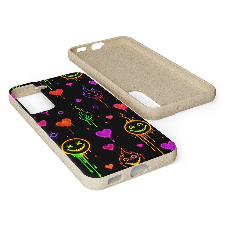 Vibrant and eco-friendly Samsung case with neon emojis, made from sustainable PLA and bamboo material, for many phone models.