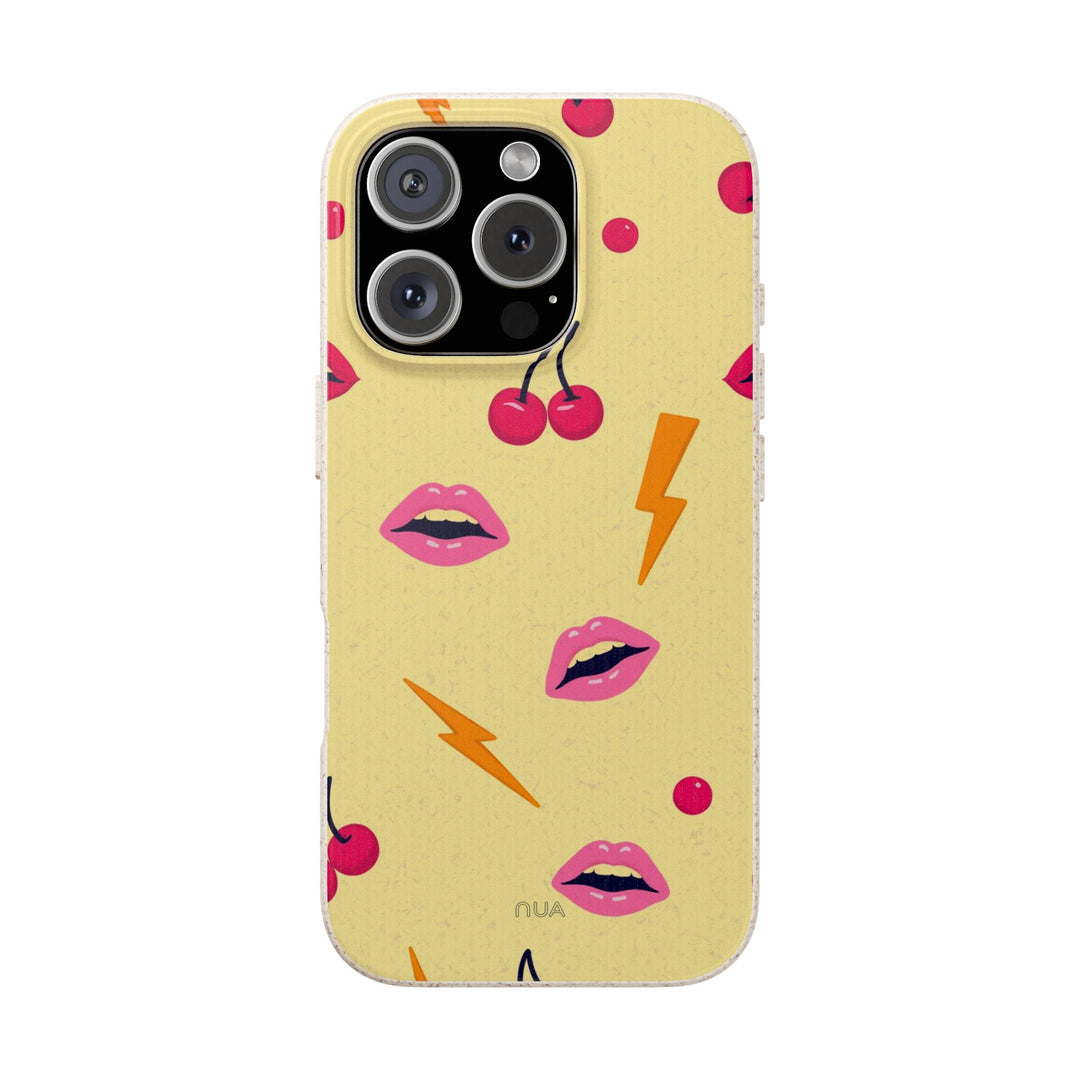 Eco-friendly Lip Service iPhone case showcasing bold lips and cherry design, available for multiple iPhone models, sustainable and durable.