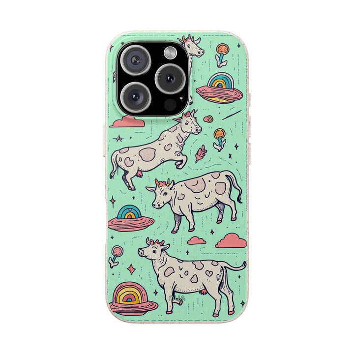 Eco-friendly iPhone case with whimsical cows and rainbows, durable protection for many iPhone and Samsung models.