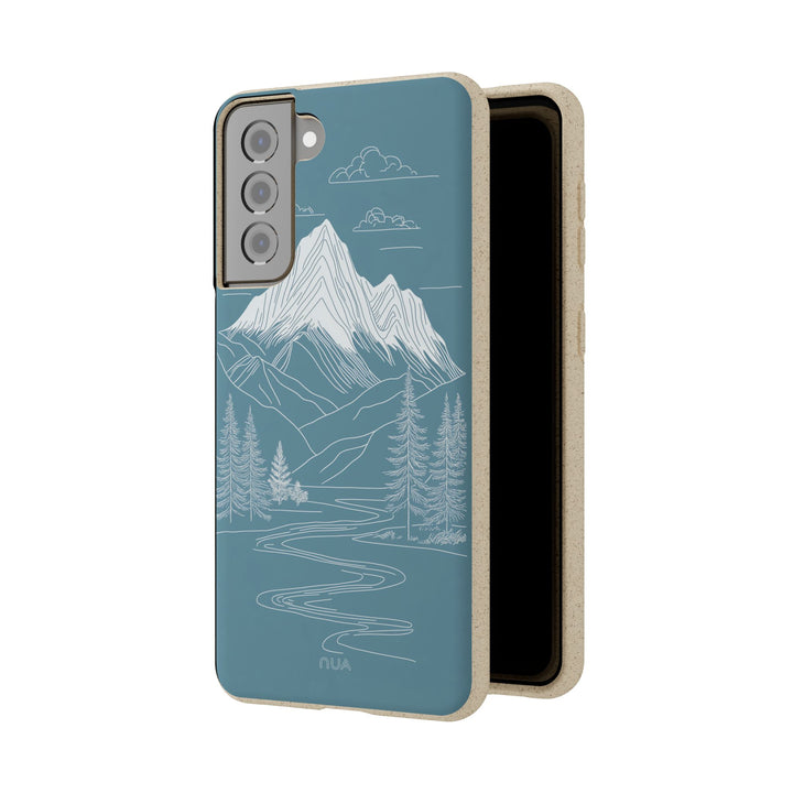Eco-friendly Samsung case with white mountain line art on blue, perfect for nature lovers. Durable for many iPhone and Samsung models.