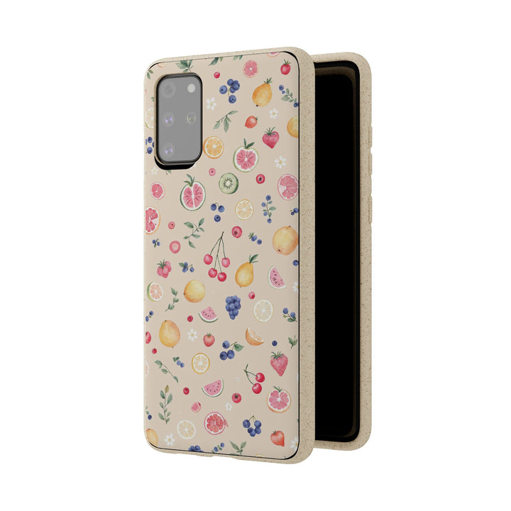 Eco-friendly Samsung case with vibrant fruit garden design, made of PLA plant polymer and bamboo, perfect for summer and nature lovers.