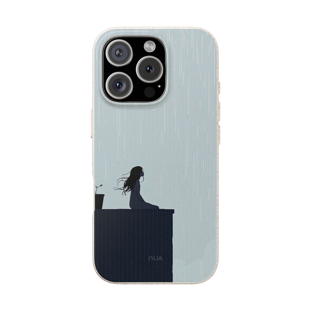 Eco-friendly iPhone case with dreamy artwork of girl in rain. Durable, fits many iPhone models. Soft, reflective design.