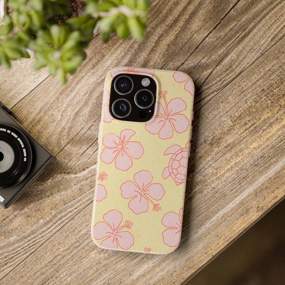 Eco-friendly iPhone case with Island Bloom & Turtle Trails design, vibrant color, durable fit for many Samsung and iPhone models.