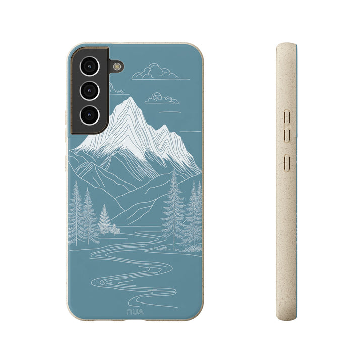 Eco-friendly Samsung case with white mountain art on blue, perfect for nature lovers, supporting MagSafe and many phone models.