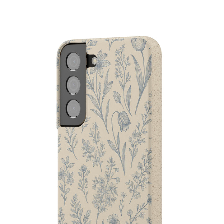 Eco-friendly Samsung phone case with timeless florals design in matte finish, made from PLA plant polymer and bamboo, plastic-free.