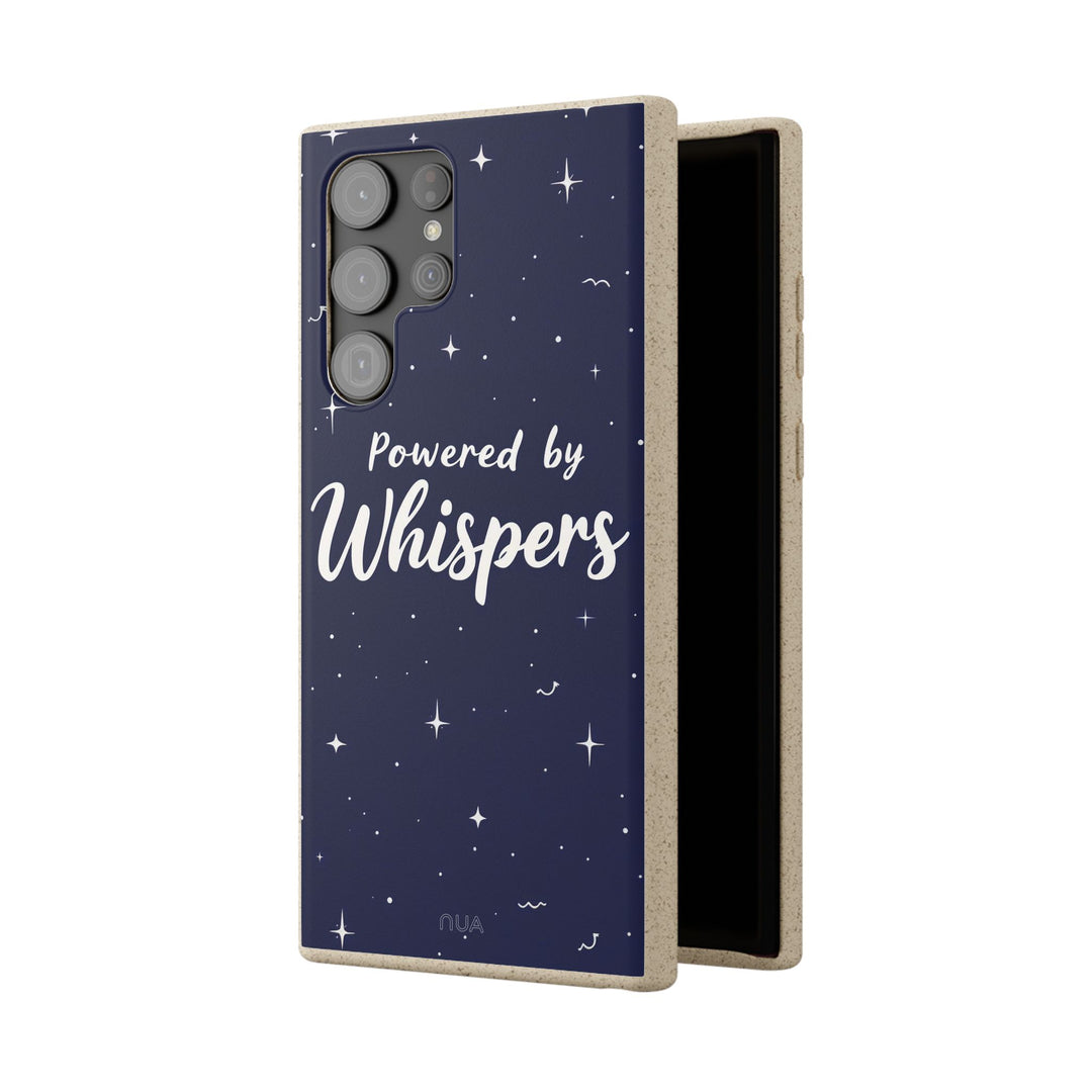Eco-friendly Samsung case, 'Powered by Whispers', biodegradable design, vibrant colors, durable for iPhone & Samsung models.