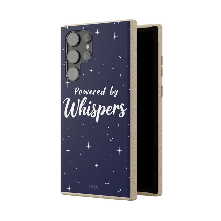 Eco-friendly Samsung case, 'Powered by Whispers', biodegradable design, vibrant colors, durable for iPhone & Samsung models.