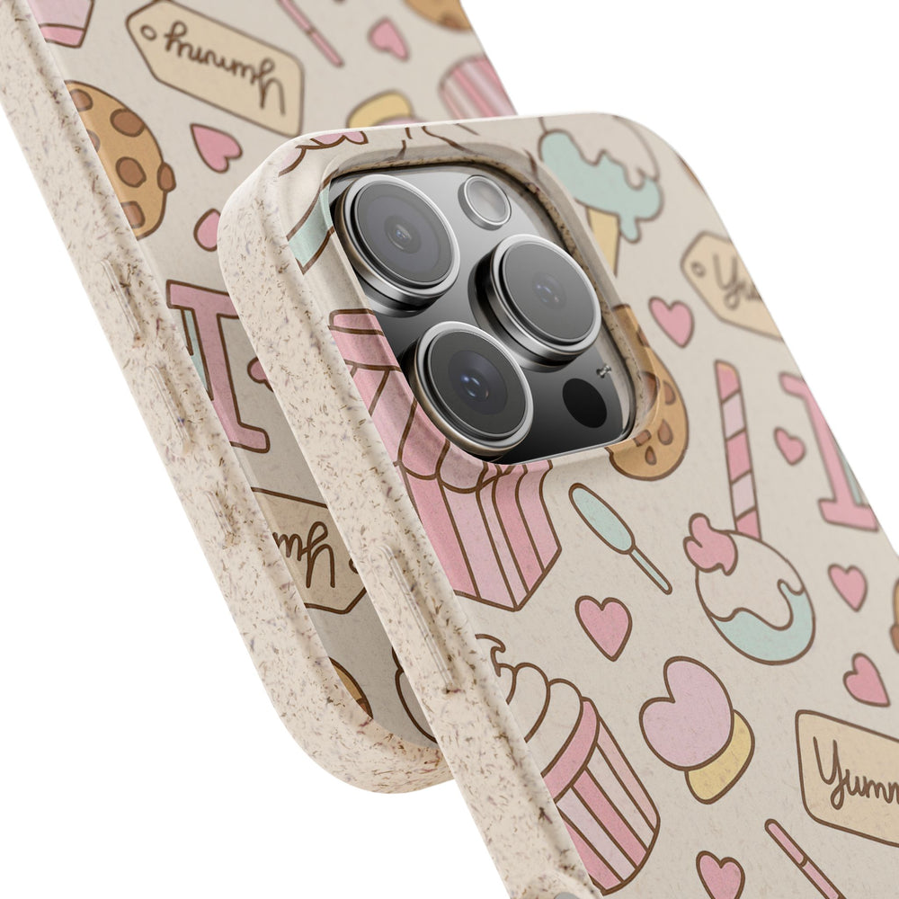 Eco-friendly Candyland Vibes iPhone cover in pastel treats design, vibrant colors, durable and sustainable for many models.