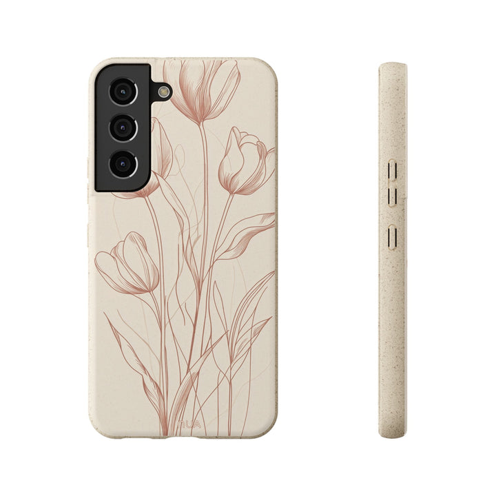 Eco-friendly red line art floral Samsung phone case, biodegradable with durable frosted finish for various models.