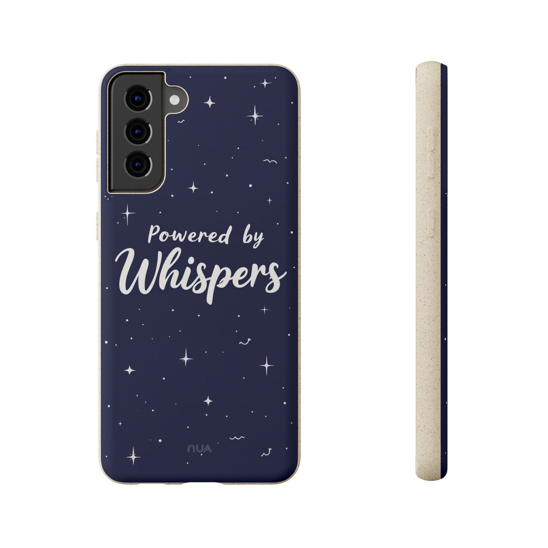 Eco-friendly Samsung case with 'Powered by Whispers' design, biodegradable, vibrant for both casual and formal use.